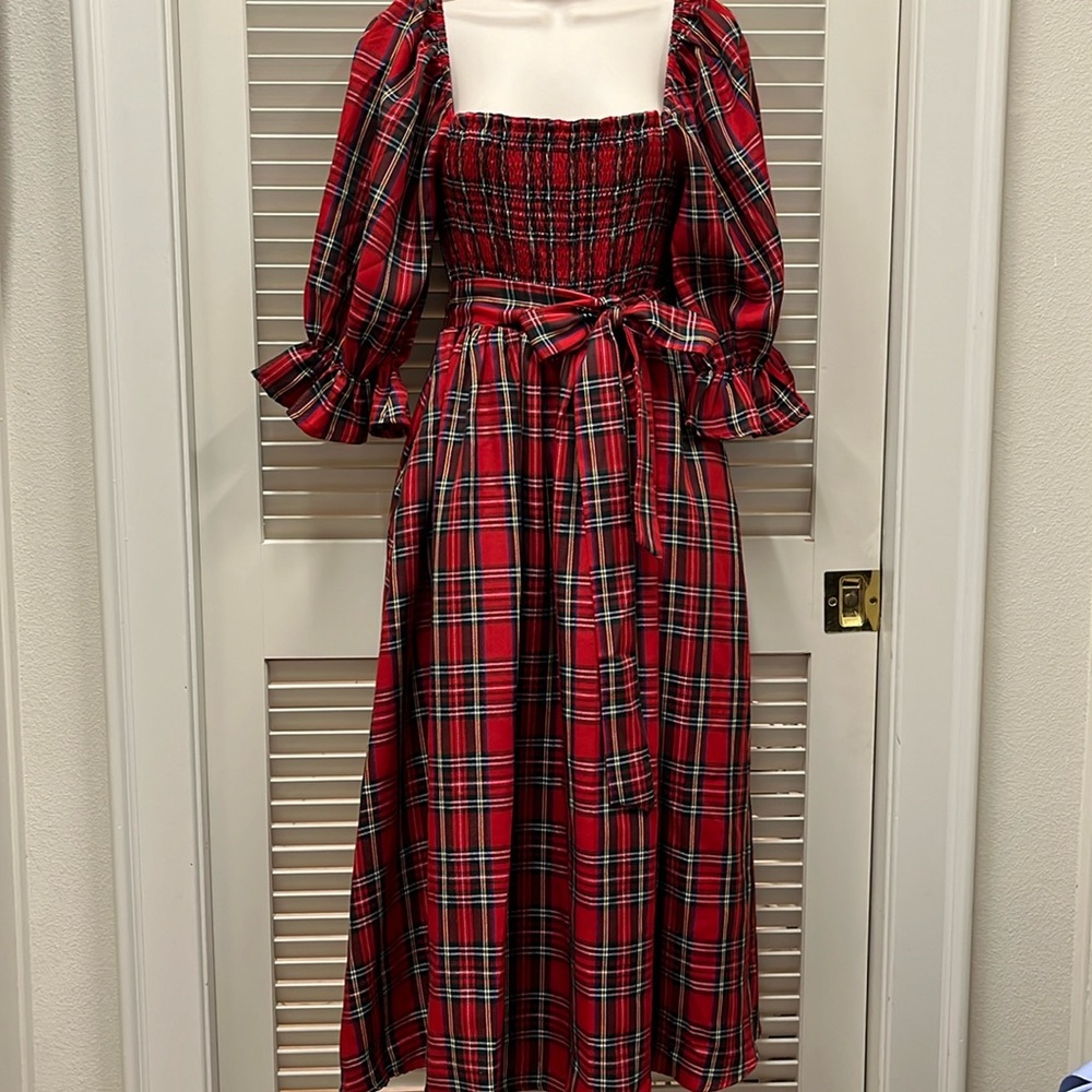 Christmas Plaid Smocked Midi Dress